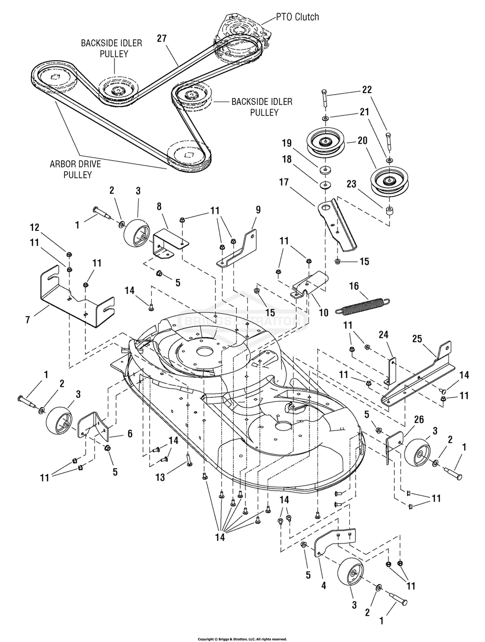 42-Inch Mower Deck - Clutch And Support Group Diagram and Parts List for 7800577 (C950-60929-0)(2009) Briggs and Stratton Lawn Tractor